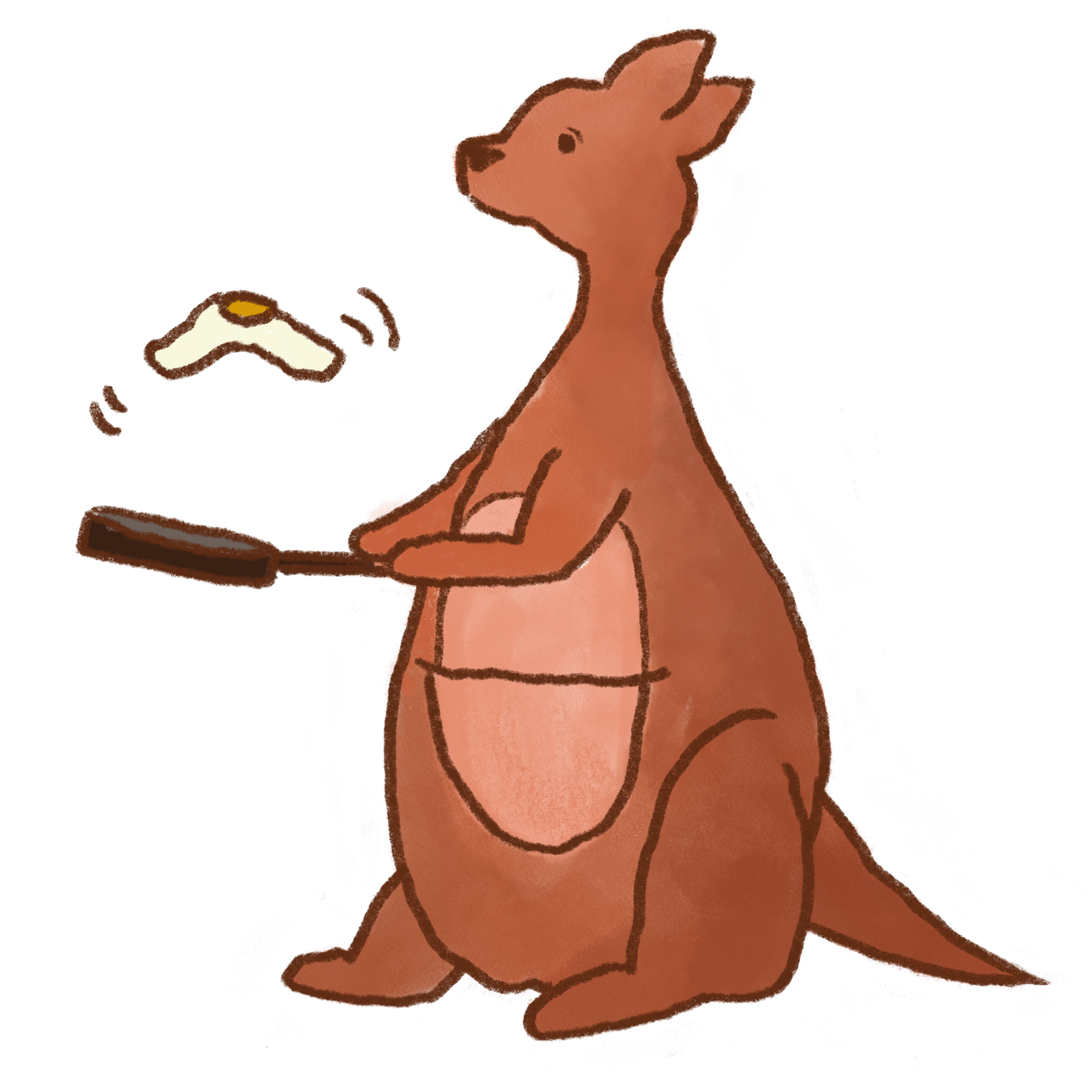 Kanga flipping an egg. Image for Elizabeth. Illustration by Caitlin Rowlings.